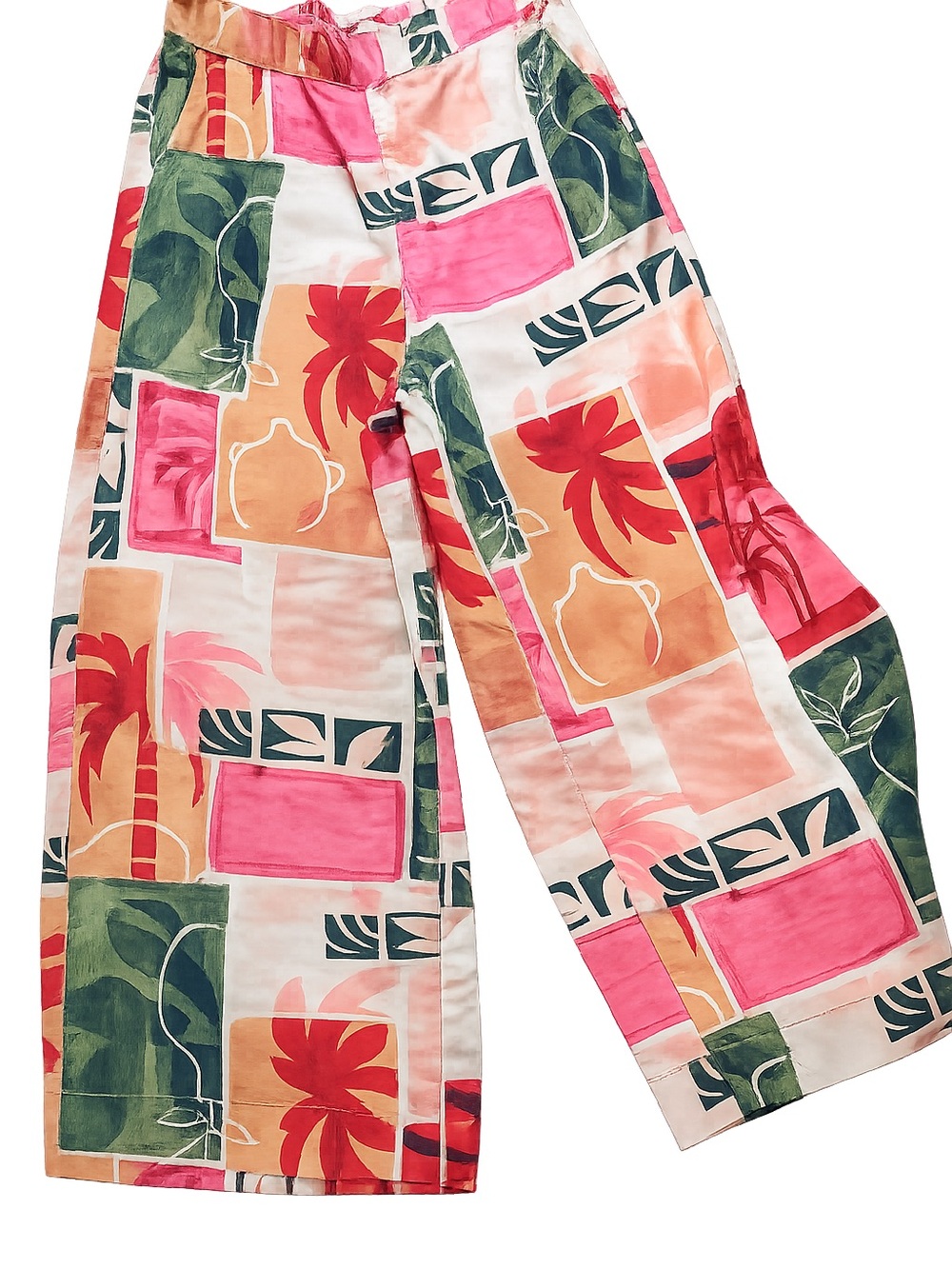 Nicole Miller Tropical Patchwork Wide Leg Pants in Pink & Green